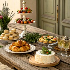 Elegant Rustic Dessert Table with Pastries, Fruits, and Sparkling Drinks

