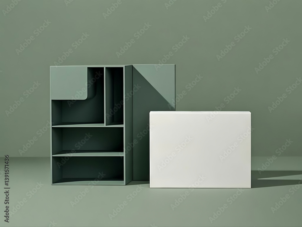 Poster soft muted pastel geometric shapes in minimalist composition with 3d abstract objects on soothing mo