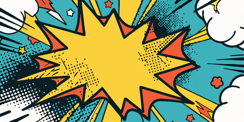 Dynamic Comic Book Explosion Pop Art Style, Retro Design, Bright Colors, Energetic Background