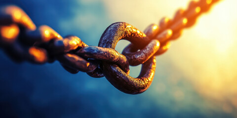 close up view of metallic chain link, showcasing its texture and shine against blurred background. image symbolizes strength and connection, evoking sense of durability and resilience