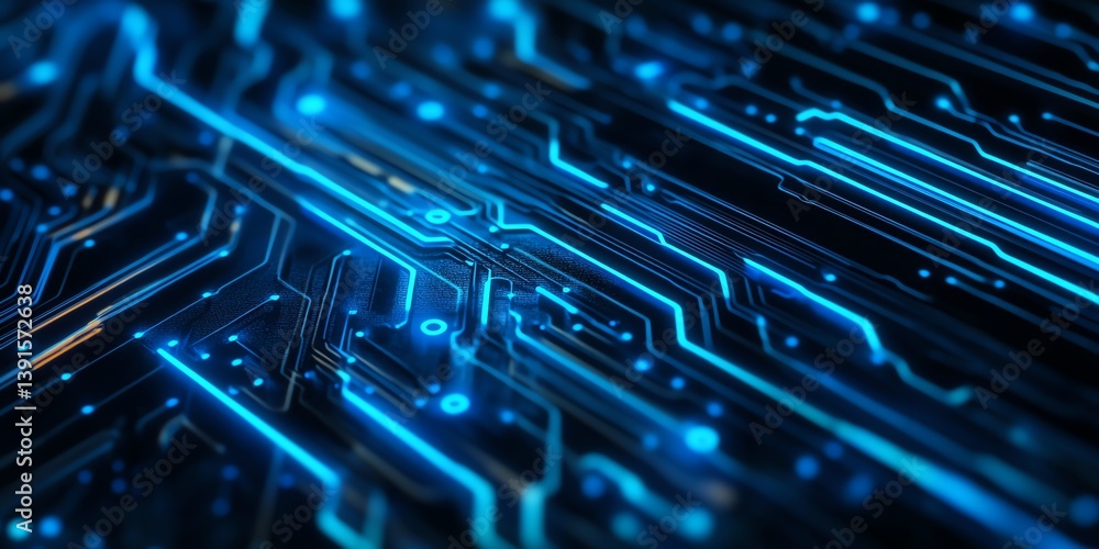 Poster circuit board design with luminous blue patterns representing technology and innovation in a modern 