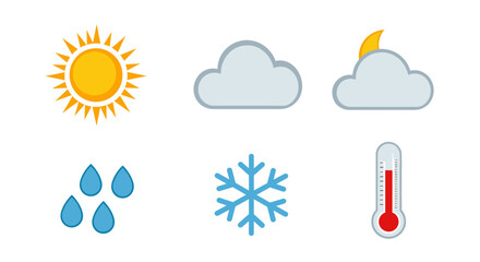 Vector weather icons with sun, snow and cloudy skies