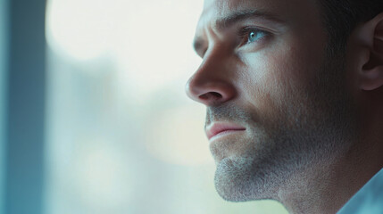 thoughtful man gazes out of window, reflecting on his thoughts and emotions. soft light highlights his features, creating serene atmosphere that evokes contemplation and introspection