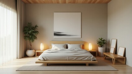 The Zen bedroom features a low wooden bed with crisp white bedding and a blue throw, neutral beige tones, abstract artwork above, soft lighting, potted greenery, woven baskets, and minimalist decor.