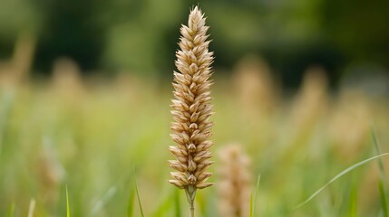 Close-up of a tall, slender, beige-colored grass stalk with blurred background of similar plants.