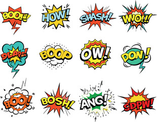 Fototapeta premium Comic Book Style Sound Effects Pop Art Explosions and Speech Bubbles