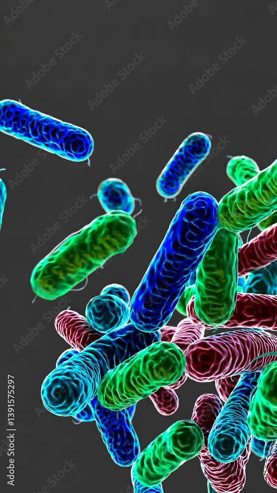 Poster colorful microscopic bacteria forms under electron microscope view