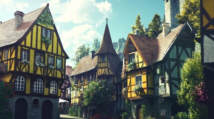 Charming, half-timbered houses with wooden beams, blossoming flowers, steep roofs, and arched windows; nestled among lush greenery, capturing a quaint village atmosphere