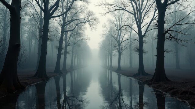 Foggy forest river with bare trees and reflections creating a mood of silence and solitude	