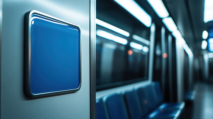 Obraz premium blue bordered sticker is prominently displayed metallic wall inside subway train, surrounded by sleek seating and illuminated by soft, ambient lighting. atmosphere is modern and minimalistic