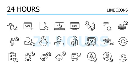 24 hours service, business schedule and customer support. Vector icons set