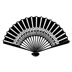 Traditional oriental hand fan silhouette, Black and white vector illustration of a decorative folding hand fan with tassel, perfect for cultural, vintage, or fashion themes.


