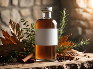 A glass bottle filled with amber liquid, placed on a wooden surface, surrounded by cinnamon sticks, cloves, rosemary sprigs, and autumn leaves. The rustic background adds a warm, cozy feel.