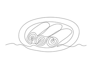 Abstract rolls,pancakes with stuffing on a plate, continuous single one line art hand drawing sketch logo