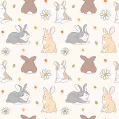 Seamless Pattern with Rabbit and Flower Design on Light Beige Color Background. Hand Drawn Vector Illustration.