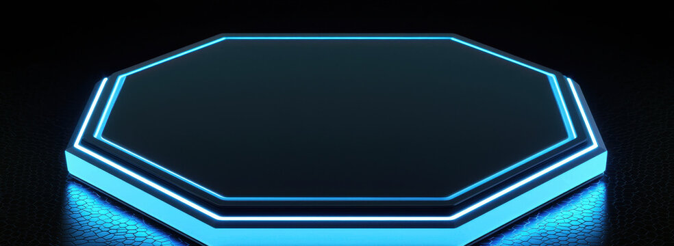 hexagonal platform with glowing blue outline is set against dark background, creating futuristic and sleek appearance. This design evokes sense of modernity and innovation