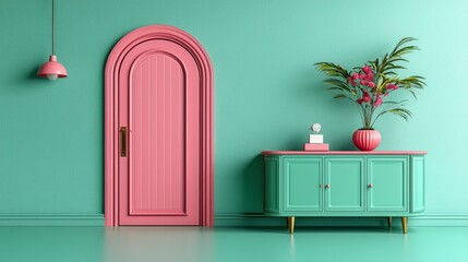 Pastel Pink Arched Door and Teal Green Cabinet Interior Design