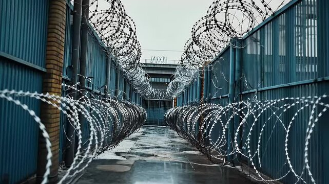 Steel Prison Fence With Barbed Wire Under Cloudy Sky Providing Security and Restriction
