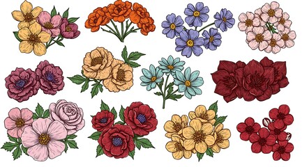Set of colorful hand drawn leaf and flower illustration, flower isolated graphic elements for your design, floral art for classic design