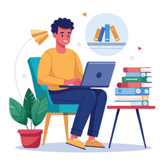 a boy is using his laptop vector