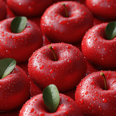 Fresh red apples with droplets of water glistening on their surface create vibrant and appealing pattern. lush green leaves add touch of nature, enhancing overall aesthetic