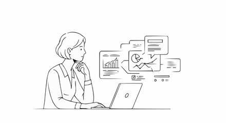 Businesswoman analyzing data with laptop and graphics  