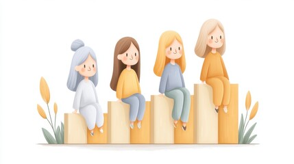 Four Cute Girls Sitting on Pastel Yellow Steps, Pixel Art Illustration
