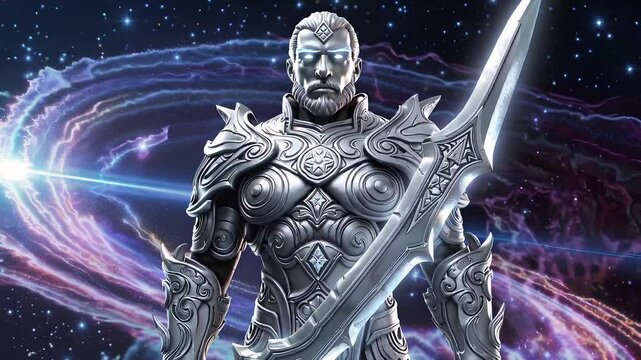 Celestial Warrior Stands with Sword in Cosmic Background