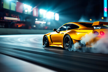 Fototapeta premium golden sports car against night city background, street racing concept