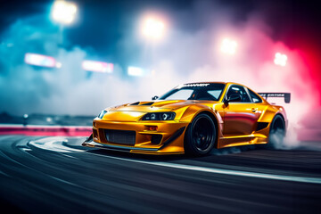 yellow sports car drifting on race track at night illuminated by spotlights and neon lights