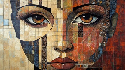 Close up of a woman's face made of mosaic tiles in shades of brown red and beige tones with big eyes