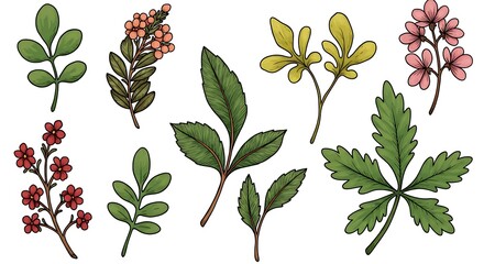 Set of colorful hand drawn leaf and flower illustration, flower isolated graphic elements for your design, floral art for classic design
