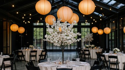 Elegant event space with floral centerpiece and lantern decorations