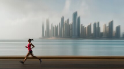 A woman runs along a coastal road with a city skyline