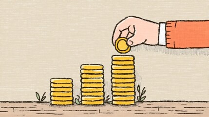 Hand Adding Gold Coin to Growing Stacks Illustration on Light Beige Background