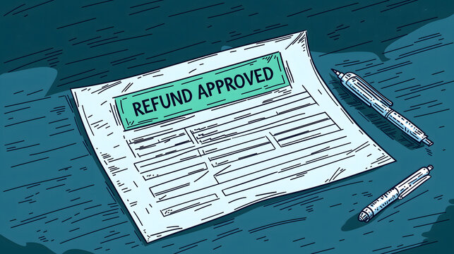clean illustration of tax return form with Refund Approved highlighted, placed on textured surface with two pens nearby, conveying sense of financial relief