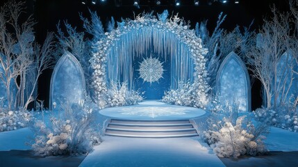 Winter wedding ceremony stage, ice, flowers, archway
