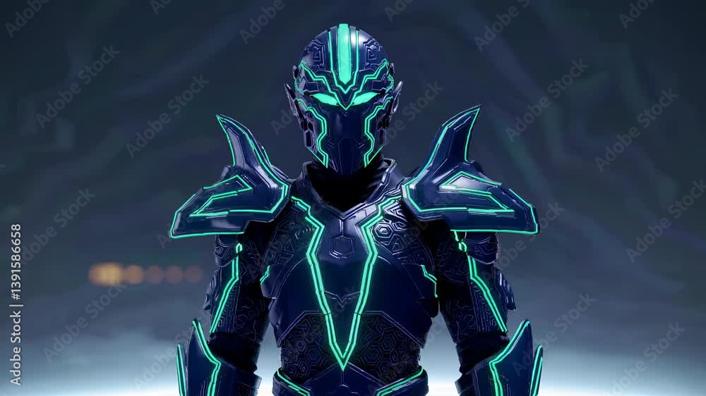 Poster futuristic guardian in neon armor with digital patterns