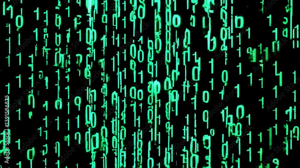 Poster Digital Rainfall Abstract Background with Green Binary Code