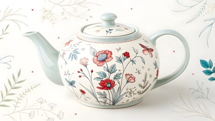 A charming teapot adorned with delicate floral patterns, showcasing vibrant poppies and butterflies against a soft, cream background with a gentle, light teal lid and handle.