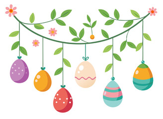 Vector of a hanging garland made of Easter eggs, flowers, and leaves, isolated on white background. For Easter Day.
