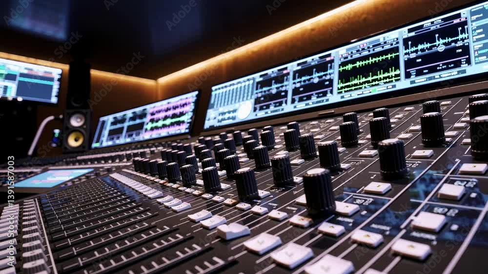 Poster studio soundboard with controls and visual displays in background