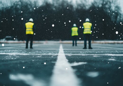 Snowy Construction Site with Workers in Safety Vests and Hard Hats