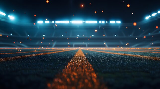 Empty stadium at night with bright lights and glowing particles.