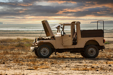 Broken Down Old Safari vehicle Waiting for Repair in Rann of Kutch, Gujarat