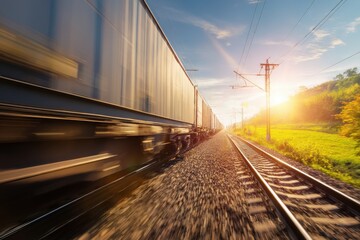 Obraz premium High-Speed Cargo Train Through Green Countryside at Golden Hour