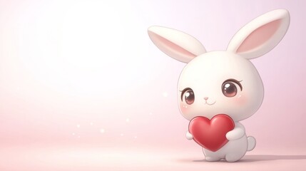 Naklejka premium Cute cartoon bunny holding heart on pastel background