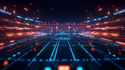 Futuristic stadium with glowing lines and particles.