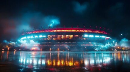 Night stadium with vibrant lights and smoke reflecting on water.