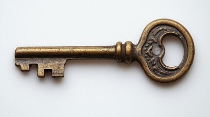 Vintage brass skeleton key with ornate design on white background